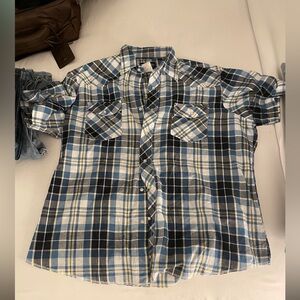 Wrangler Pearl Snap Shirt Mens X Large Blue White Plaid Sawtooth Western Vintage
